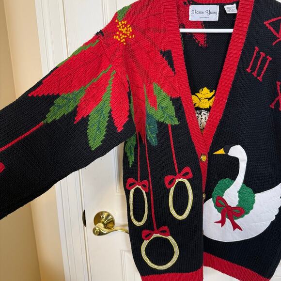 Sharon Young Vintage Holiday Cardigan Sweater Swan Poinsettia Ornament Black Red - Picture 6 of 10